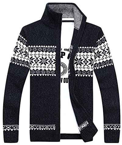 Lu's Chic Men's Cardigan Sweaters Winter Thick Knit Heavy Knitted Norwegian Casual Slim Fit Full Zip Up Fashion Zipper Sweater Jacket Male Sweater Coat Navy Blue Large