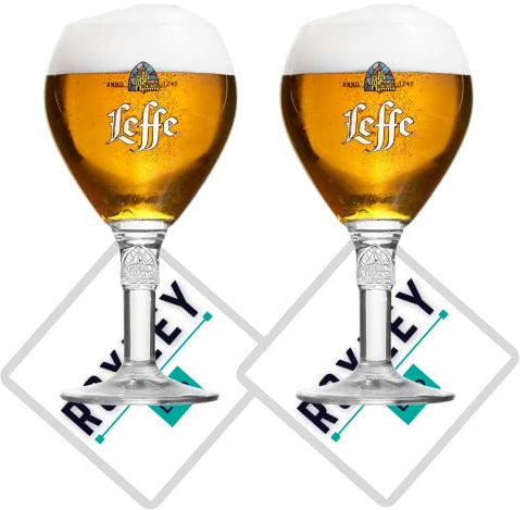 2 x Roxley Leffe Half-Pint-Gläser, 33 cl, nukleiert, auch mit 2 Barmatten, Lagerbierglas, Männerhöhle, hergestellt in Großbritannien