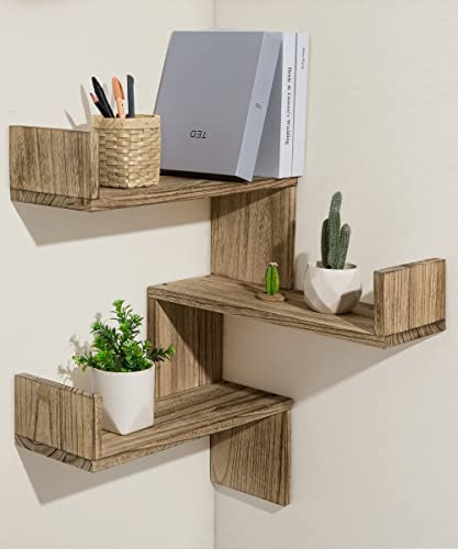 SUMGAR Estanteria Pared Madera Juego de 3 Estantes Flotantes para Esquina Marrón Soporte Ahorra Espacio y Decoración Rústico Balda Flotante Organizador para Baño Cocina Sala Librería Oficina Ducha