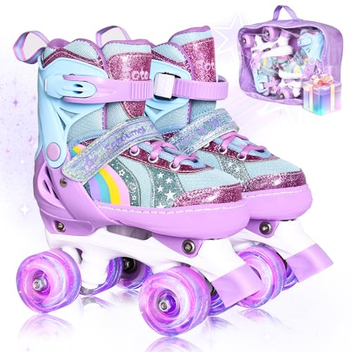 Fotoumgl Roller Skates for Kids Girls Boys, 4 Size Adjustable Rainbow Toddler Rollerskates with 8 Full Light up Wheels, Safe and Fun for Children Beginners, Outdoor Indoor Sports