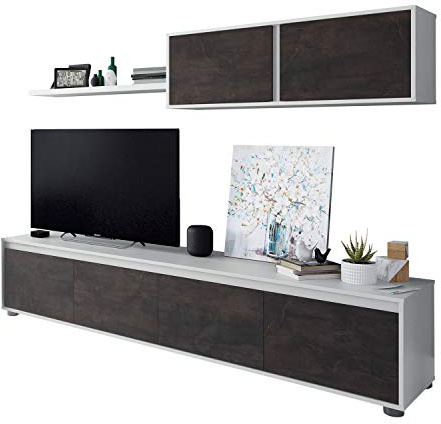 HOGAR24 ES Conjunto para Salón, Mueble TV y Módulo Superior, Color Blanco Artik y Óxido