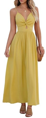 CUPSHE Women's Maxi Dresses V Neck Twisted Sleeveless Cutout Self Tie Long Summer Formal Dress Yellow, M