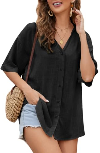 PASUDA Chemise Femme Lin T Shirts Manches Courtes Col en V Manches Courtes Chemisier avec Boutons Été Tunique Blouse Chic et Élégant Ample Décontractés Hauts Top (Noir, XXL)
