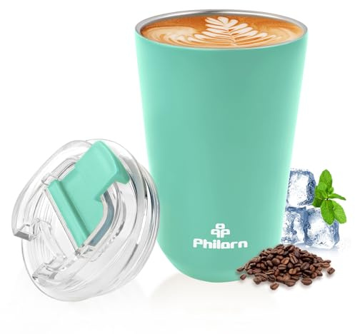 Philorn Thermobecher Kaffee to go - 13oz/380ml Auslaufsicher Becher mit Deckel aus Edelstahl, Wiederverwendbar Thermo Kaffeebecher, Grün