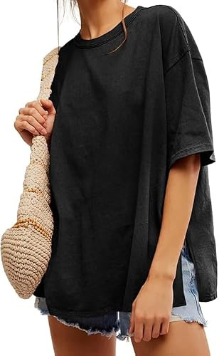 Tankaneo Överdimensionerad T-shirt för dam, kortärmad rund hals, sommar, enfärgad, lång, avslappnad, basic, sidoslits, basic, Svart, L
