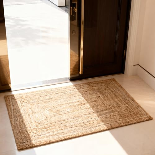 Craft Trade Natural Jute Area Rug Boho Braided Hand Woven Vintage Sisal Rug Reversible Home Decor Farmhouse Carpet Rag Rug for Kitchen Living Room and Bedroom - Rectangle 60x90 cm