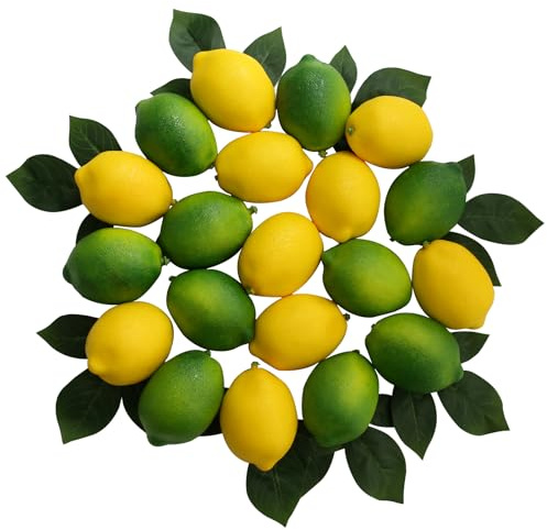 Laiiqi Limones artificiales, 20 limones falsos, decoración de limón con 25 hojas realistas, frutas artificiales realistas para decoración de fiesta de limón, exhibición de cocina, limones falsos con