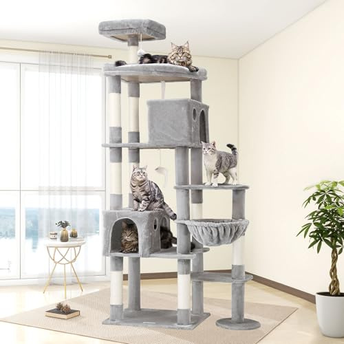 Globlazer Kratzbaum XXL für Große Katzen 213 cm mit 2 Groß Katzenhaus, Extragroß Gepolsterte Plattform 55 * 45CM, 9 Sisalstämmen, Luxus Katzenbaum Stabil für 3-5 Schwere Katzen (F83, Hellgrau)