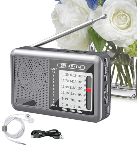 Radio FM MW - Récepteur mondial avec prise casque - Récepteur d'ondes courtes rechargeable pour personnes âgées, , maison, table, en déplacement, en camping