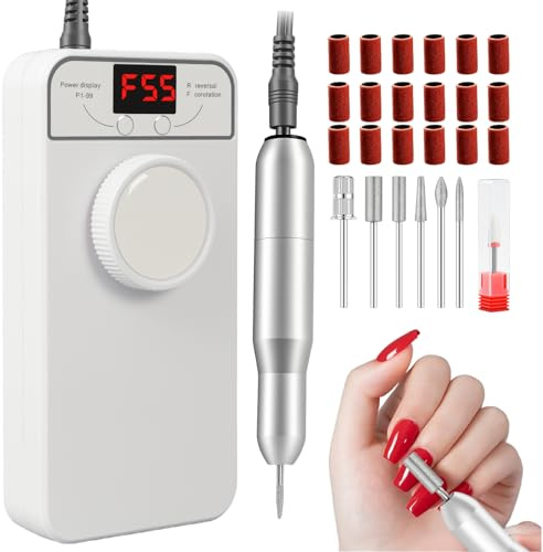 Professional Nail Drill Electric File, GEEZO 55000RPM Portable Cordless Nail Drill Machine with Bits, Rechargeable E File for Acrylic & Gel Nails, Manicure & Pedicure Tech Tool for Home Salon (White)