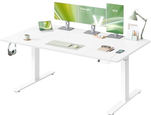 VASAGLE Scrivania Regolabile in Altezza, 160 x 80 cm, Porta USB-C, Mensola per Ciabatta Elettrica, Promemoria per Sedentarietà 3 Tasti di Memoria, per Ufficio, Bianco Opaco LSD146WZ02