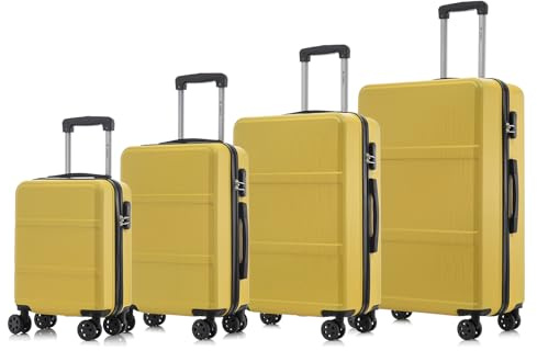 YONSLY Trolley Reisekoffer Travel Suitcase Set, Rollkoffer Handgepäck, Kofferset, Gepäckset Hartschalenreisekoffer mit 4 Rollen 360°, Zahlenschloss, Weicher Gummigriff (4er Set, S,M,L&XL, Gelb)