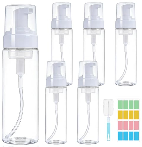 Maxumille Confezione da 6 flaconi da viaggio in schiuma da 200 ml, dispenser di sapone in schiuma con Sitcker, pennello, dispenser di sapone schiumogeno in plastica trasparente, ricaricabile, per