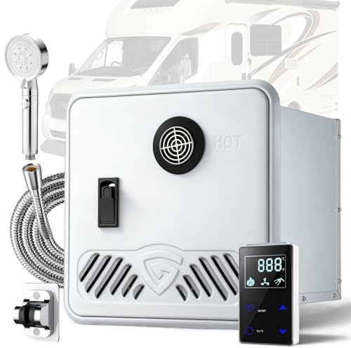 GEARFLOW 12V 9L RV Tankless Water Heater Propane Gas 55000 BTU Instant Camper Water Heater Propane with Remote Control LCD Display-White