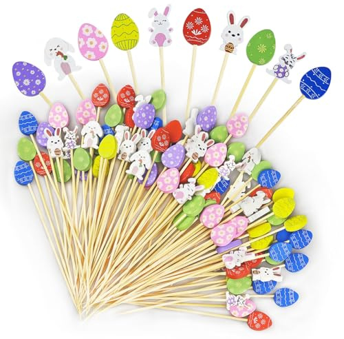 SHSMPXOY 100 Palillos para Cócteles de Pascua, Palillos de Dientes de Madera con Huevos de Pascua de Conejito, Palitos de Cóctel Hechos a Mano Brochetas de Bambú para Fruta Aperitivos