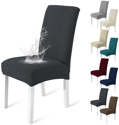 MAXIJIN Water Resistant Dining Chair Covers Set of 4, Elastic Kitchen Living Chair Cover, Comfortable Soft Chair Slipcovers Anti-Scratch and Resistant, Washable Removable (Dark Grey, Pack of 4)