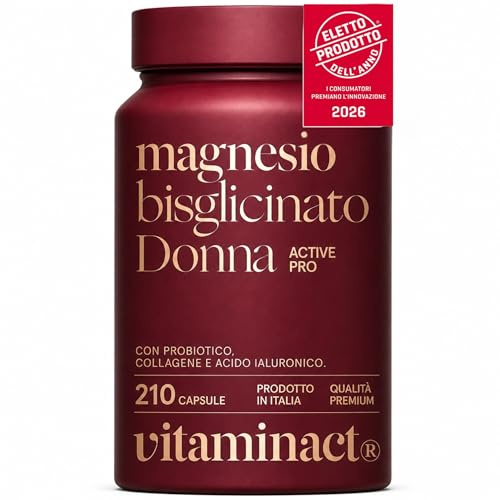 Magnesio Bisglicinato Donna - Vincitore Prodotto Dell'anno 2026-210 Capsule - 500 MG di Magnesio Chelato a Capsula -Fornitura 7 Mesi- Con Collagene, Acido Ialuronico e Probiotico -Vitaminact.