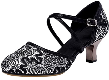 Generiska glitterpumps dam svart, klackskor dam svart stängda – bekväma spännpumps sandal med kors ankelrem blockklack aftonskor stängd spets glitter pumps
