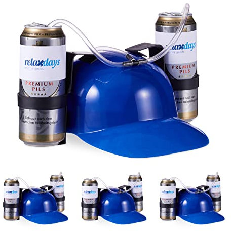 Relaxdays 4 x Party Trinkhelm, Helm mit Schlauch, für 2 Dosen Bier, Spaßartikel Fasching u. Fußball, lustiger Bierhelm, blau