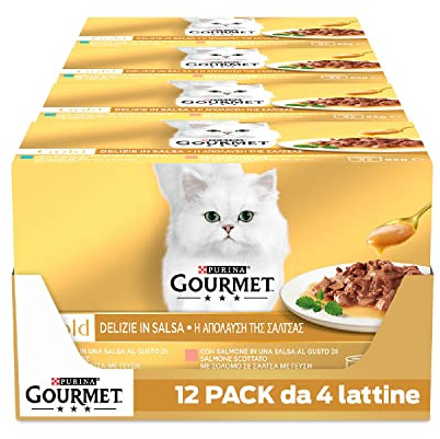 GOURMET Gold Cibo Umido per Gatti Adulti Delizie in Salsa con Salmone e Tonno, 48 Lattine da 85 g, Ricetta dal gusto intenso