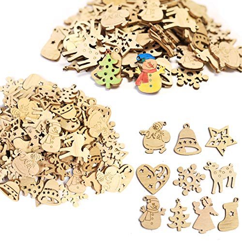 ToBeIT 200 pezzi mini decorazioni in legno, decorazioni natalizie, mini fiocchi di neve, Babbo Natale, dischi di legno, decorazioni sparse per fai da te e artigianato Natale (natur1)