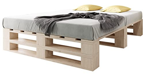 sunnypillow Palettenbett M2 aus Holz 160 x 200 cm mit Lattenrost, Doppelbett, Familienbett - erhöhtes Ehebett Bettgestell Futonbett Komforthöhe Naturholz Massivholzbett