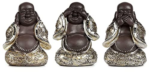 mtb more energy Figura decorativa con texto en alemán Nchts Hören, Nnichts Sagen, 3 figuras de Buda sonriente, altura aprox. 13 cm, decoración de hogar