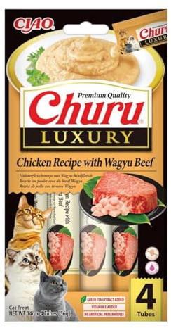 INABA Churu Luxury Snack per Gatti Cremoso con Tonno e Carne Wagyu - 1 Pack (4 Stick x 14gr) - Delizioso e Pregiato Cibo per Gatti da Leccare - Snack Gatto Senza Conservanti o Coloranti Artificiali