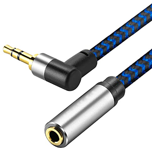 GGMTY 3.3FT (1M) 3.5mm Audio Extension Cable, 90-Degree Right Angle Aux Extender Cord (Male to Female), Nylon Braided TRS Stereo Audio Jack Adapter for Car, PC, Speakers, Headphones (No Mic Support)