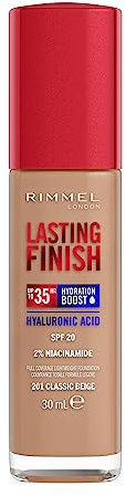 Rimmel London Lasting Finish 35H, 201 Classic Beige, fondotinta, lunga tenuta, idratante, formula vegana, alta coprenza, 30ml