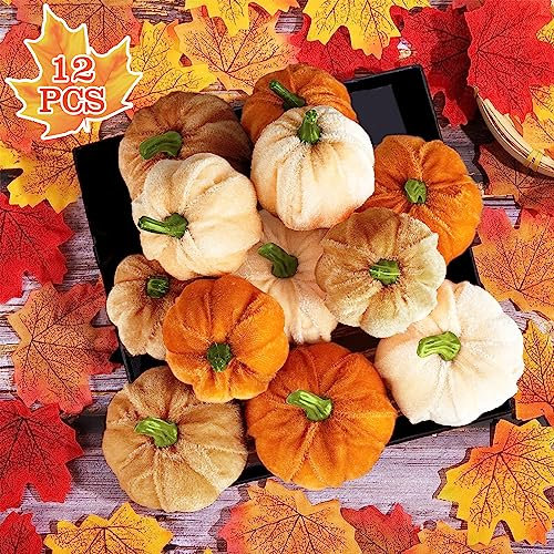 TDTOD Lot de 12 Citrouilles Artificielles en Velours pour Décoration d'Automne et Halloween - Accessoires de Photographie Marron pour Fête et Thanksgiving