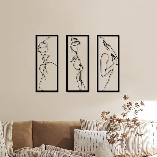 Resama 3 Stück Metall Minimalistische Abstrakte Frau Wandkunst Modern Single Line Female Home Hanging Wandkunst Dekor für Wohnzimmer Schlafzimmer Badezimmer(Schwarz,Eleganter Körper)