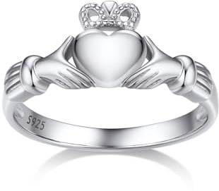 Bestyle Claddagh Ring Silber 925 Damen Polierter Irish Keltischer Fingerring, Herz Hände Krone Silberring für Mädchen Paar Verlobungsring, Weißgold, Ringgröße 57