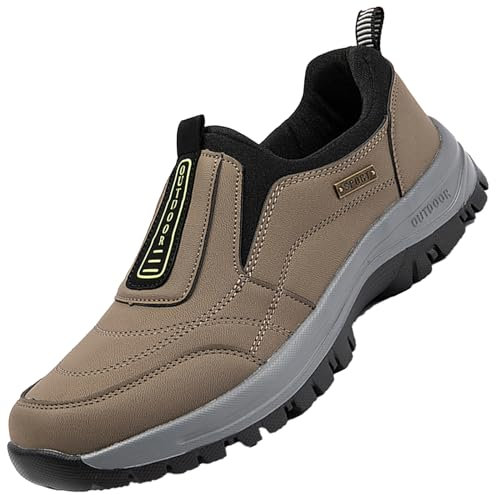 Aocase Chaussures Homme Pieds Larges en Cuir Impermeable sans Lacets Baskets de randonnée en Plein air Chaussures de randonnée à Enfiler pour Homme,Kaki,43/265mm