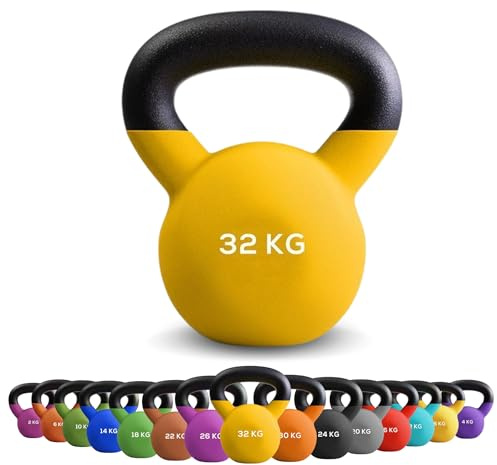 Kettlebell in Ghisa Rivestita in Neoprene da 32 Kg - Pesi per Braccia ed Esercizi Funzionali per Allenamento a Casa - Fitness Attrezzi Casa – Kettlebell Oscillante Antiscivolo - Peso per Squat e Swing