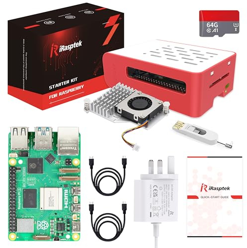 iRasptek Starter Kit for Raspberry Pi 5-64GB Edition von OS-Bookworm vorinstalliert (Rote und weiße Gehäuse) (4GB-64GB)