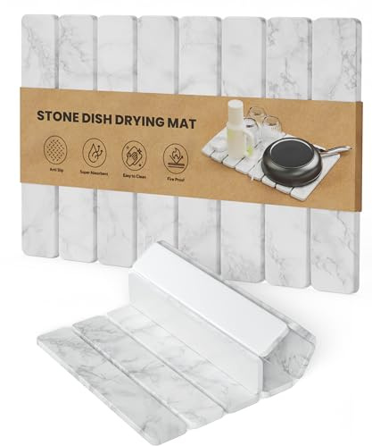 CHROME CLUB Stone Drying Mat for Kitchen Counter - Collapsible Diatomaceous Earth Dish Drying Stone - Fast Absorbent Stone Dish Drying Mat for Dishes and Pots (White Marble)