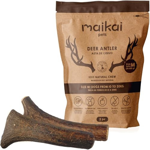 MAIKAI Confezione da 2 Corna di Cervo per Cani Grandi M – Masticativo Naturale Senza Punta – Osso Sicuro Antitartaro – Giocattolo Antistress Resistente – Snack Lungo Durata - Regali per Cani