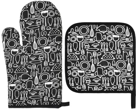 volumoon Gants de Four et Maniques Cuisine, Gant Four Anti Chaleur, Maniques Cuisine Coton, Gants de Four et Maniques Antidérapant, Gants de Four pour Cuisson/Cuisson/Grillades (A)