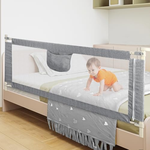 Willonin Barrière de lit de 180cm, Protection Contre Les Chutes, Réglable en Hauteur 70-105 cm, Barrière de lit pour Tout-Petits, Barrière de lit avec Filet aéré,Facile à Monter (180cm,Gris)