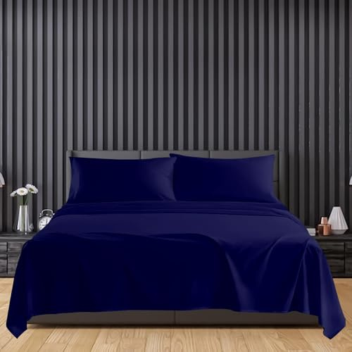 Sunshine Comforts Egyptian Cotton Flat Sheets Breathable, Anti Wrinkle, Shrink and Fade Resistant 200 Thread Count Bed Sheets Double Bedding & Linen- Navy 240 x 254cm Double Flat Sheet