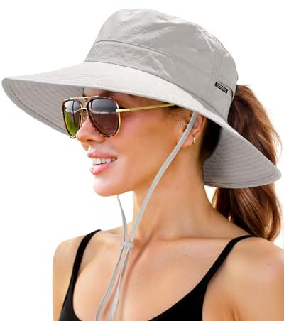 FURTALK Sonnenhut für Damen UPF 50+ Faltbare breite Krempe UV-Schutz Verstellbarer Kinnriemen Pferdeschwanz Loch Sommer Eimer Hut