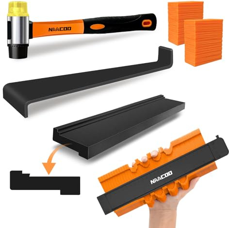 NAACOO Laminate/Vinyl Flooring Tools, Tapping Block for Vinyl Plank Flooring-Double Sided with Notches,10In Contour Gauge, Pull Bar, 40Pcs Floor Spacers,Rubber Mallet. Universal Floor Installation kit