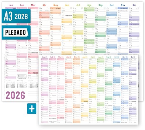 Calendario de pared Häfft® 2026 A3 en español (42 x 29,7 cm) plegado Rainbow, planificador de pared con los días festivos españoles + calendario A4 extra - sostenible & respetuoso con el clima