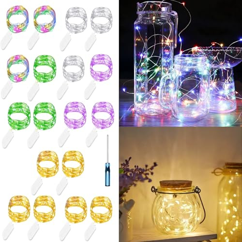 Hopelit 18 Stück LED Lichterkette Batterie 2 m 20 LEDs mit CR2032, Lichterkette Innen Silberdraht für DIY Vasen Geschenke Weihnachten Hochzeit Deko (5 Farben)