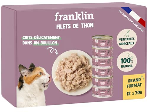 FRANKLIN – Nourriture Humide pour Chat – Filet Thon cuit au Bouillon – 100% Naturel, sans Additifs – Texture Savoureuse – Riche en Protéines – Faible en Calories – Tout Âge – Lot 12 x 70g