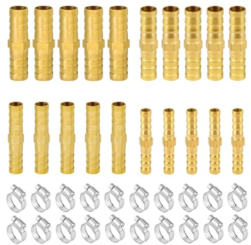 Henxing 20 Piezas Conector de Tubería de Latón con 20 Abrazaderas de Tubería de Acero Inoxidable, Empalme Manguera, Conector Manguera para Agua, Combustible y Aire (6/8/10/12 mm)
