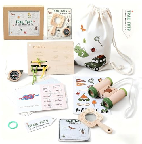 Kids Outdoor Explorer Kit Ages 4–8, Wooden Binoculars, Compass and Knot-Tying Board, Nature STEM Learning & Camping Toy Birthday Gift for Boys and Girls