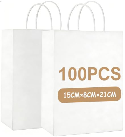Gaoyong 100 Stück Geschenktüten 15×8×21 cm,Papiertüten mit Henkel,Papiertüten Weiß Für Weihnachten, Party, Geburtstag, Hochzeit, Erntedankfest(Kleine Größe,130GMS)