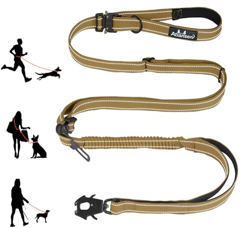 Detachable Heavy Duty Tactical Dog Leash, 9.7FT Hand-Free Bungee Shock Absorption Leash with Padded Handle Quick Release Metal Clip Car Seatbelt No Pull Training Lead for Medium & Large Dogs (Khaki)